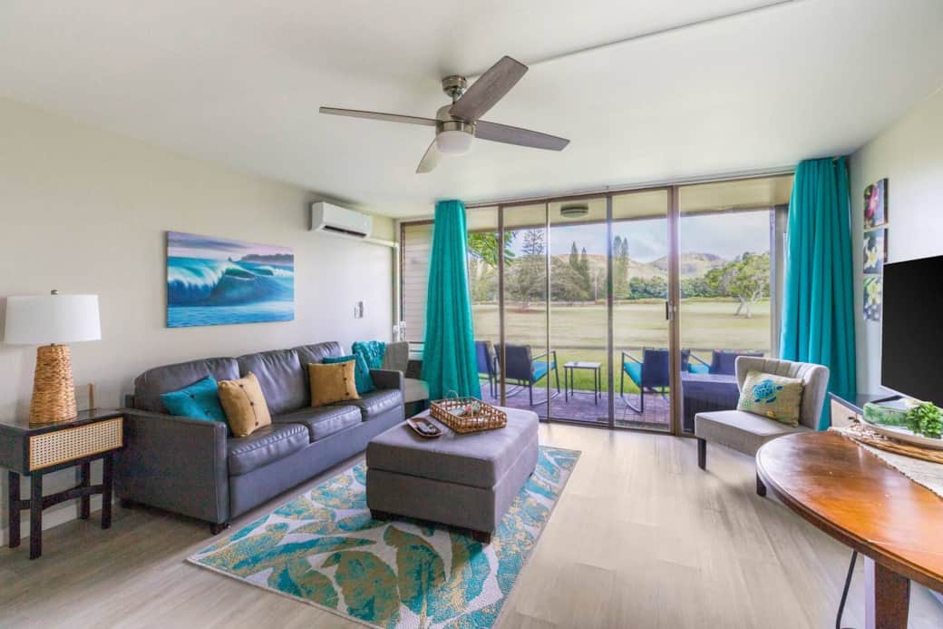 Just through the sliders you'll have access to your private lanai on the Fazio Golf Course with mountain views.  