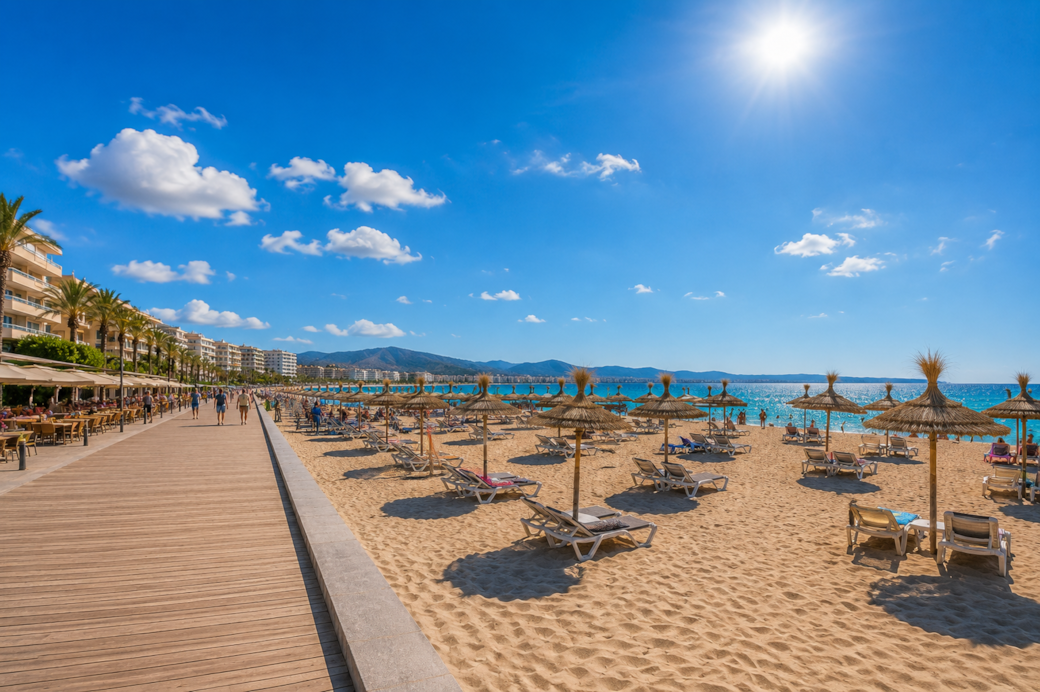 Sonniger Strand mit Promenade und Palmen Sonniger Strand mit Promenade und Palmen