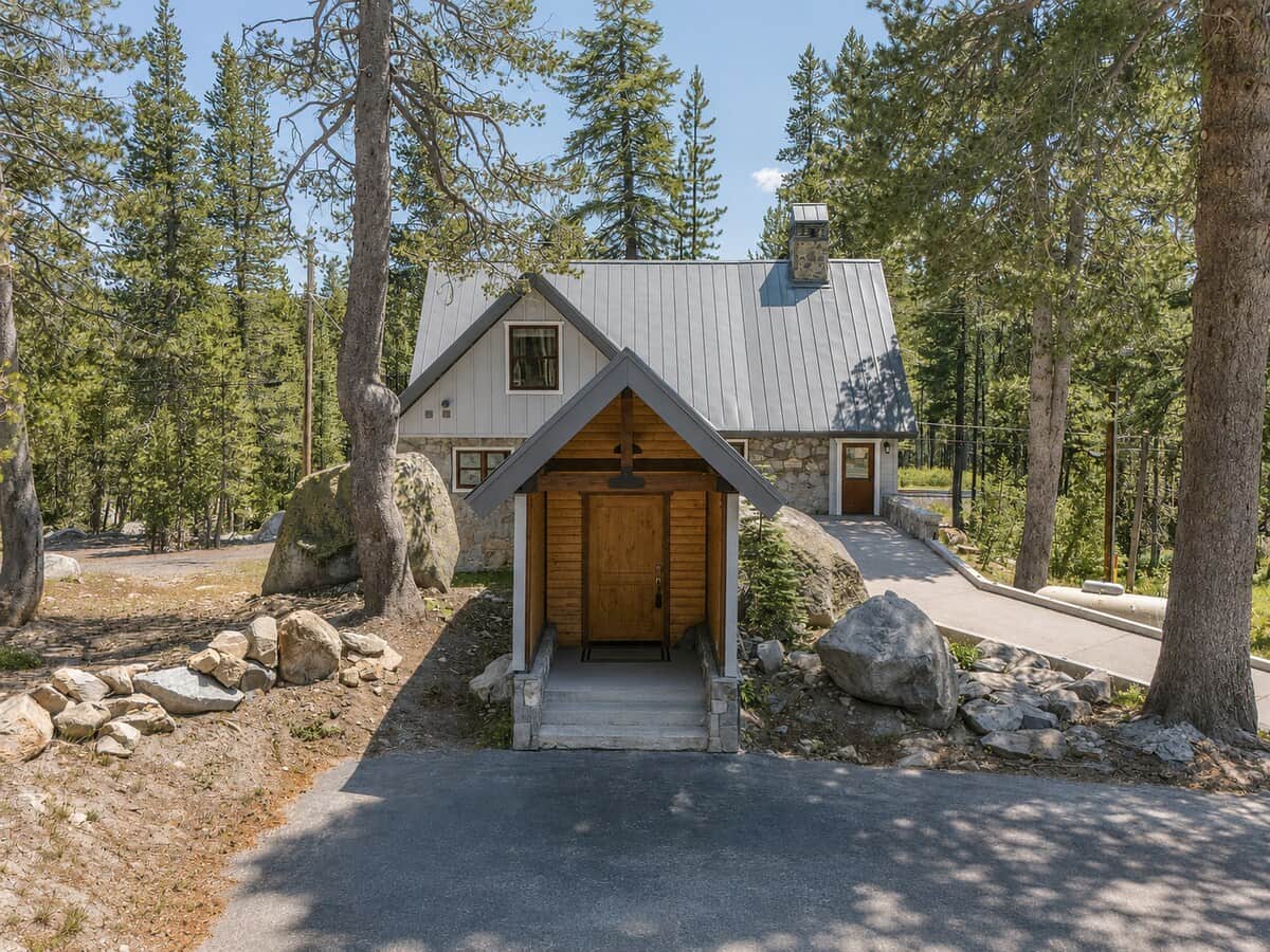 Historic Stone Villa entrance, tucked into the Sierra pines at Donner Summit