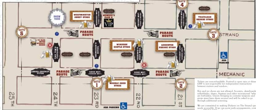 Street map showing the Dickens on the Strand festival footprint in Galveston