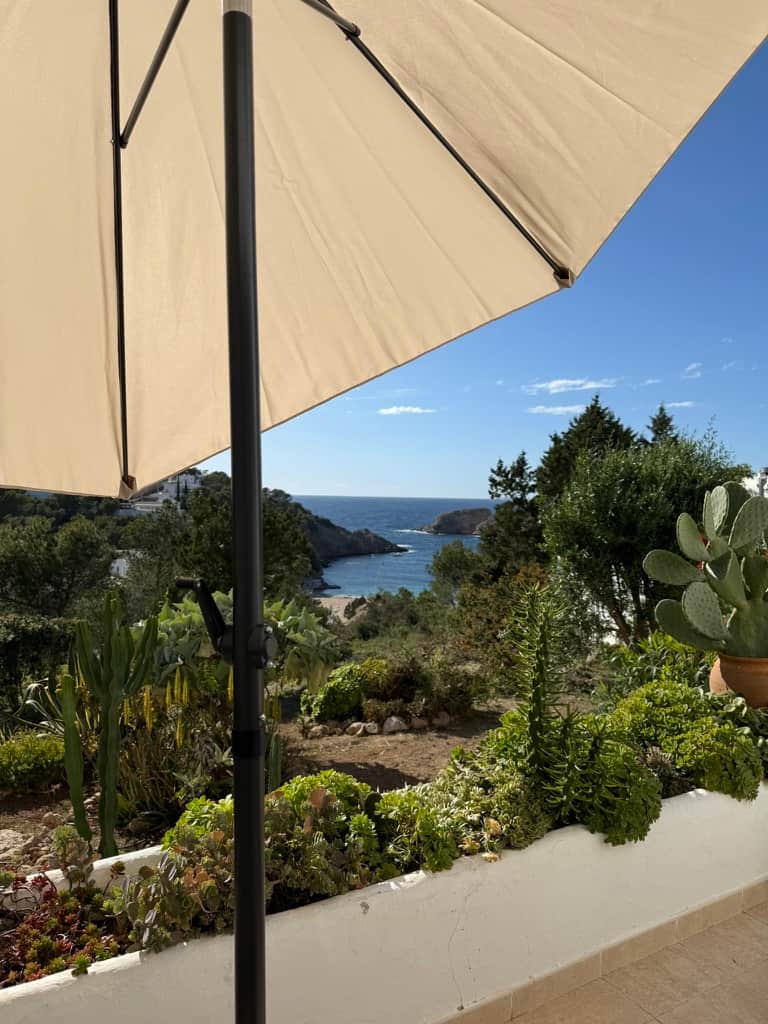 Shaded terrace area with sea view at Ibiza Seaview Apartment