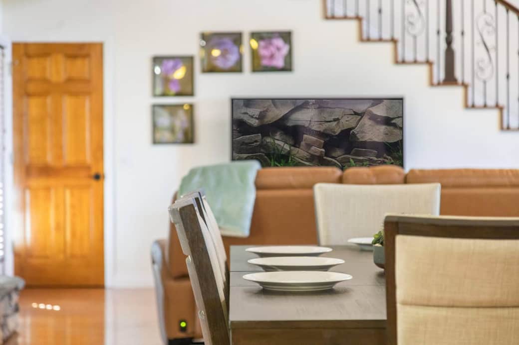 Dining room table, couch, 65" LG Smart TV & Bose Soundbar w/Subwoofer, and photos of property.