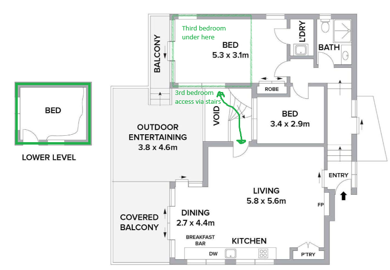 The third bedroom is accessed via stairs