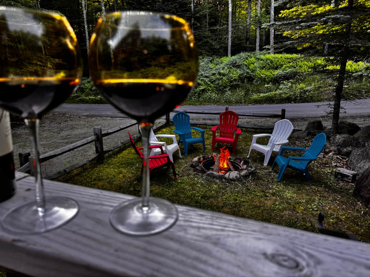 Wine and a crackling fire at sunset