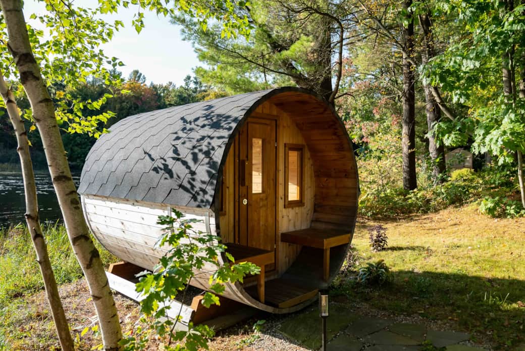 Escape the chill of cool evenings and soothe your muscles with the cozy warmth of the barrel sauna