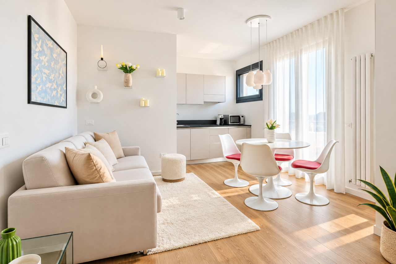 Interno scandinavo luminoso e minimalista