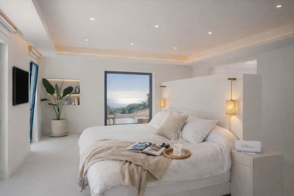 Master bedroom of Villa Luz Bliss with a window on the sea