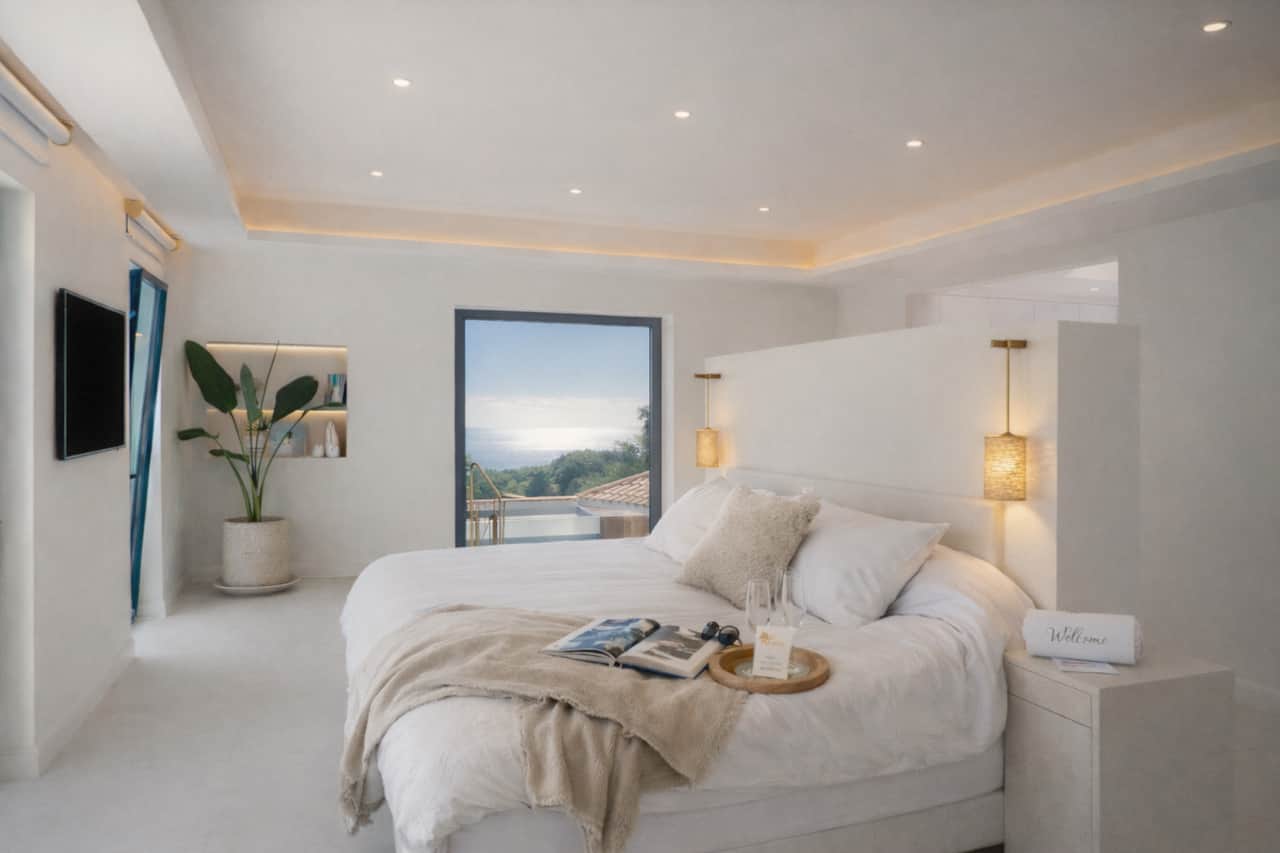 Master suite with sea view and a 200 × 200 cm bed
