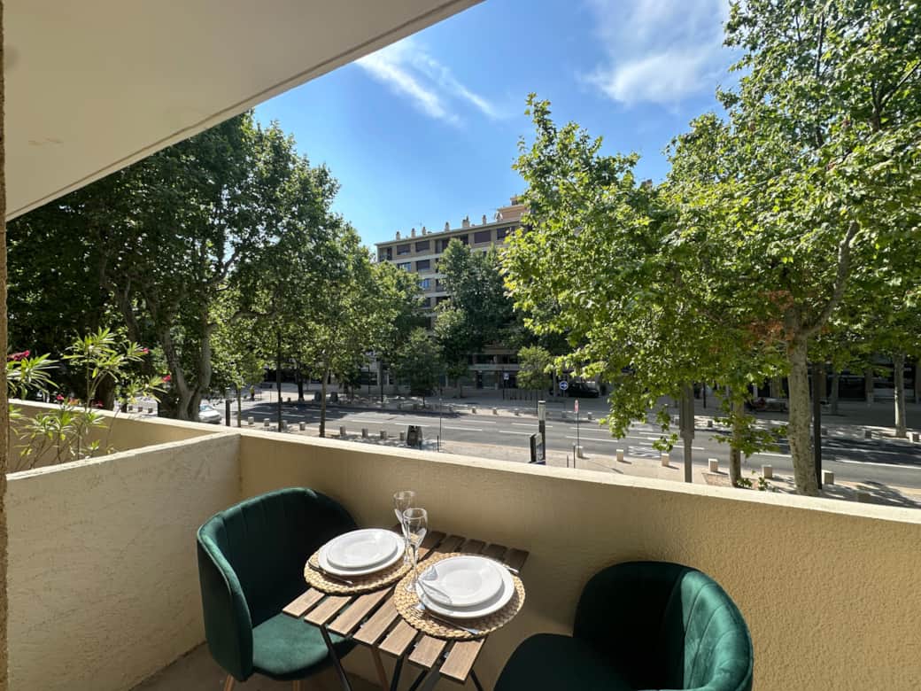terrace, table, view on street, chairs