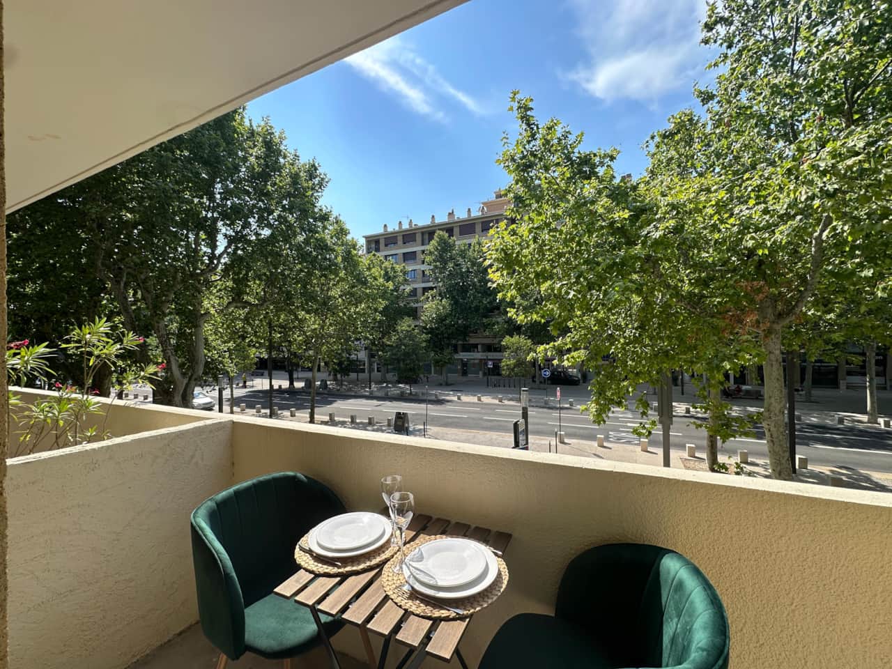 terrace, table, view on street, chairs