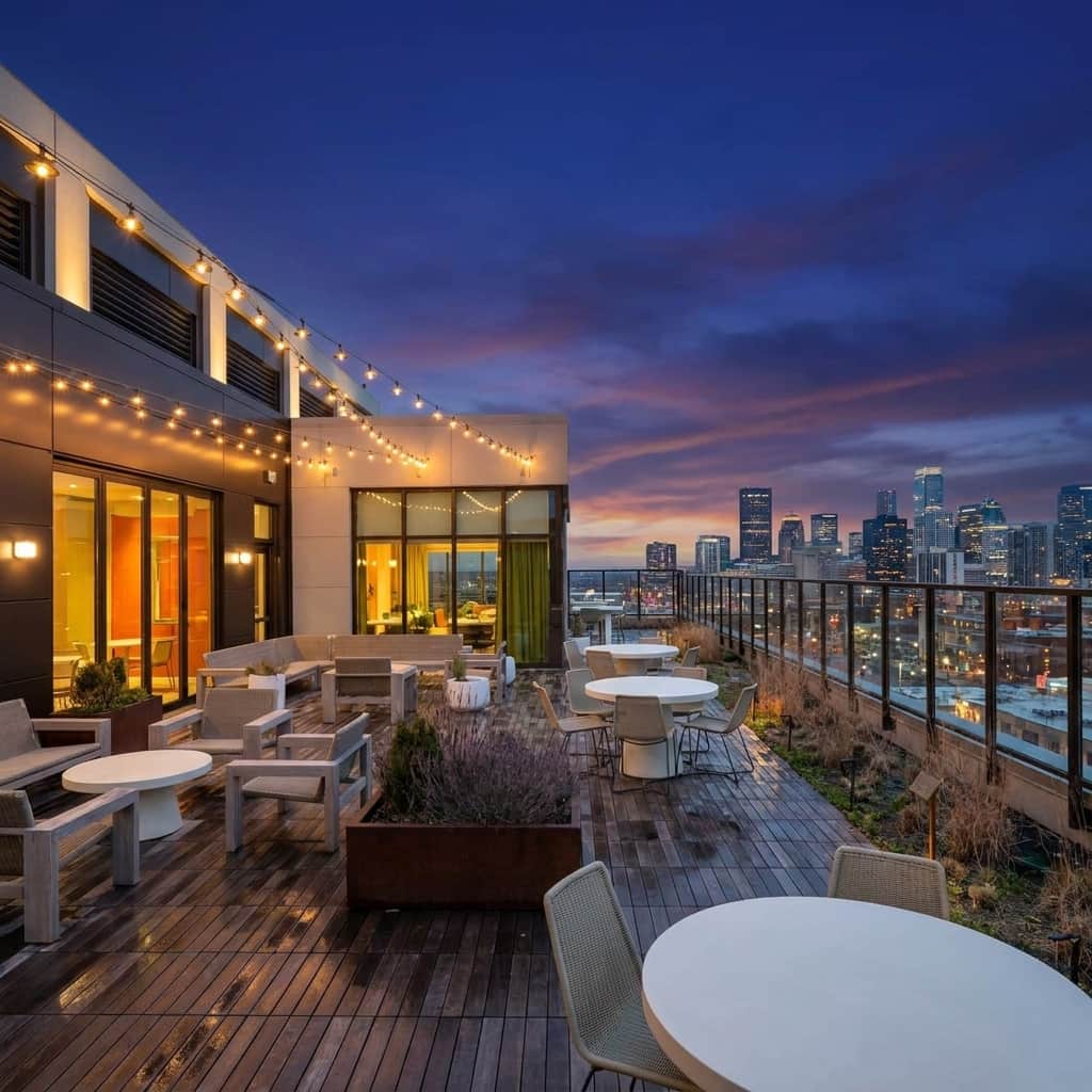 Rooftop pool with lounge chairs and skyline views at PCM.