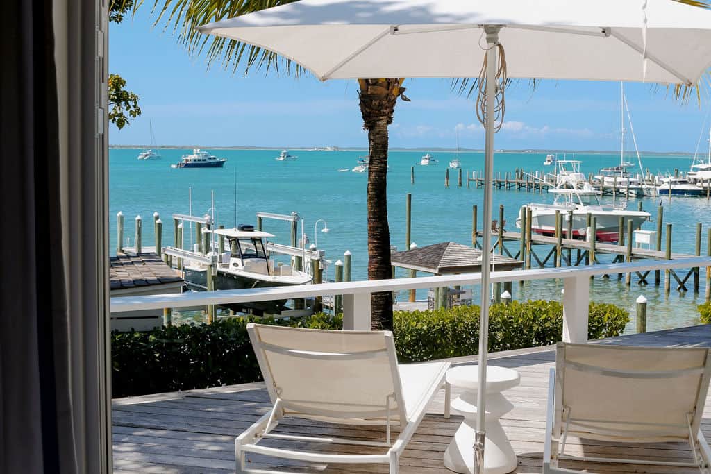 Twin loungers on the deck at Low Tide Cottage overlooking spectacular harbor views, Harbour Island.