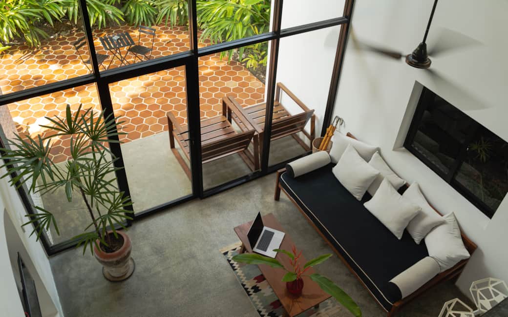 View down into the living room from the loft.
