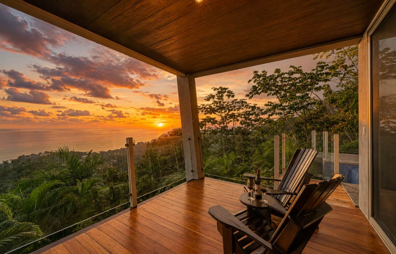 Sunset, Pacific views and wine from your private terrace above the tropical rainforest