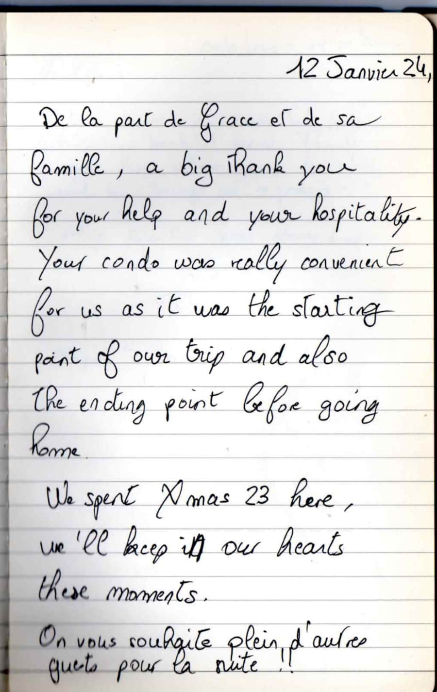 Handwritten guest note from Raya P09 guest book
