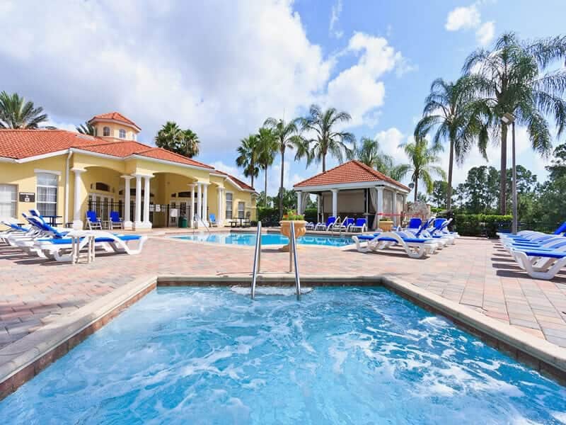 The heated community pool and spa at Emerald Island Resort