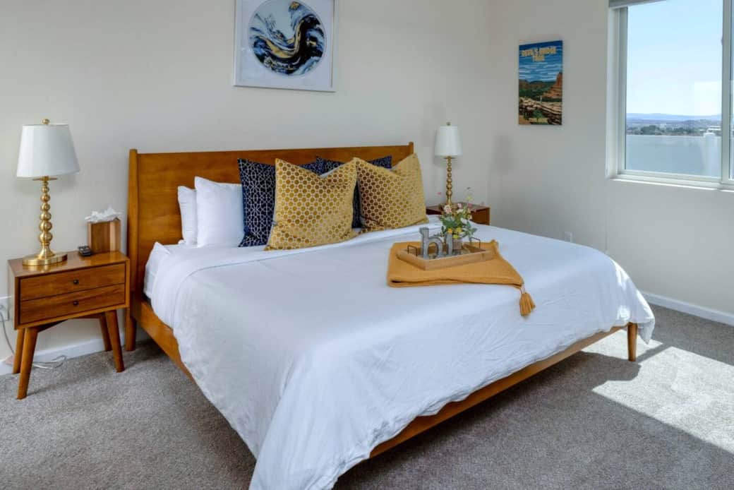 Master Bedroom Features a King Bed with a comfortable Nectar brand Mattress and crisp, white linens.