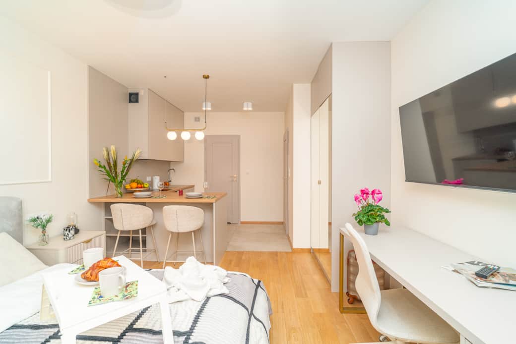 A modern studio with an open space combining the living and sleeping areas.