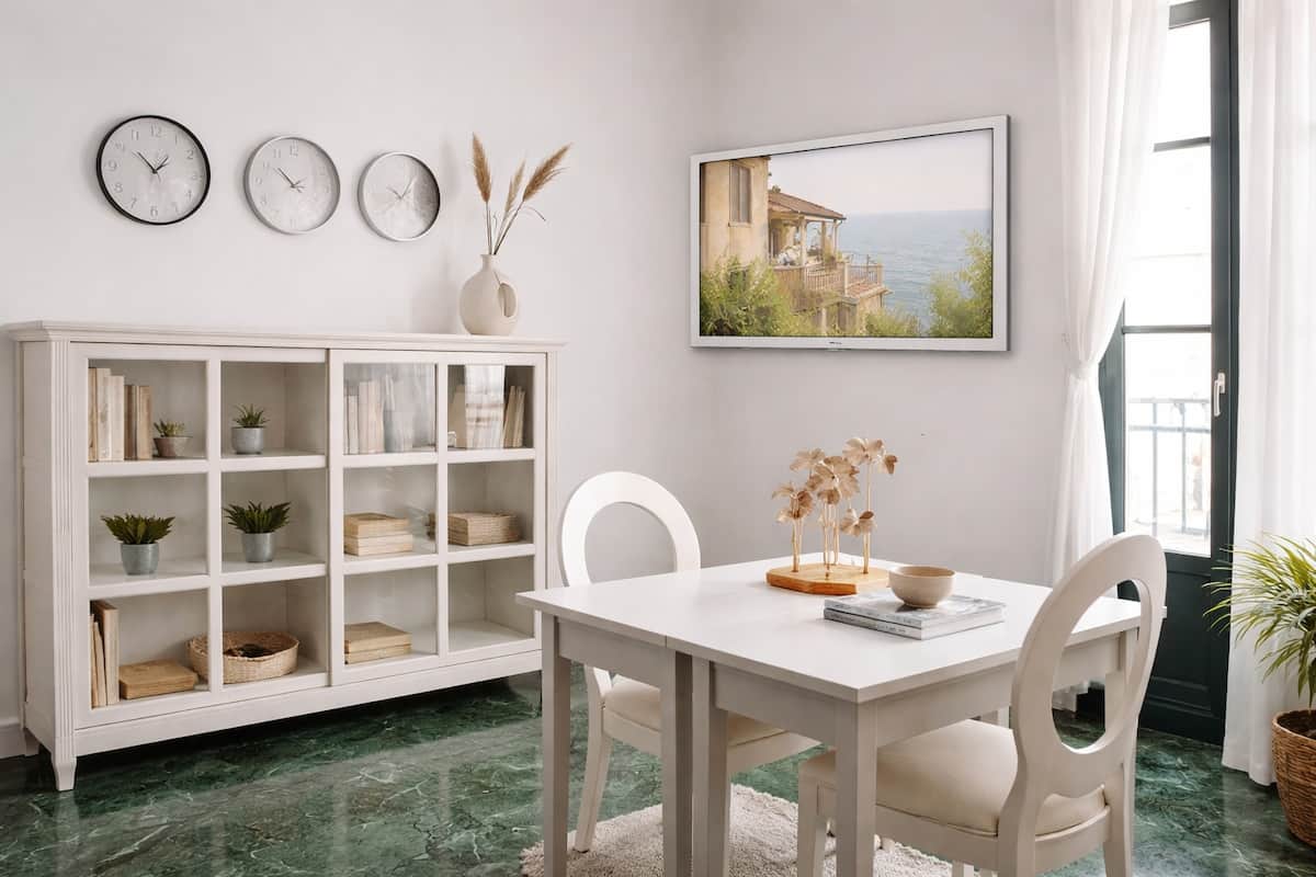 Luminoso comedor con encanto, decorado en tonos neutros y estilo mediterráneo. Mesa junto al balcón con luz natural, perfecta para desayunos tranquilos o trabajar cómodamente. Detalles cuidados y ambiente sereno para disfrutar de la estancia.