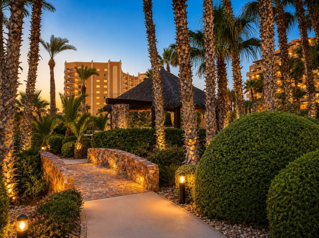 Cobblestone walkway with gorgeous landscaping throughout Bella Sirena Resort, leading to your private villa area and two-car garage.

