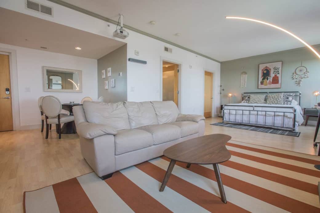 White leather sofa for relaxing in comfort.