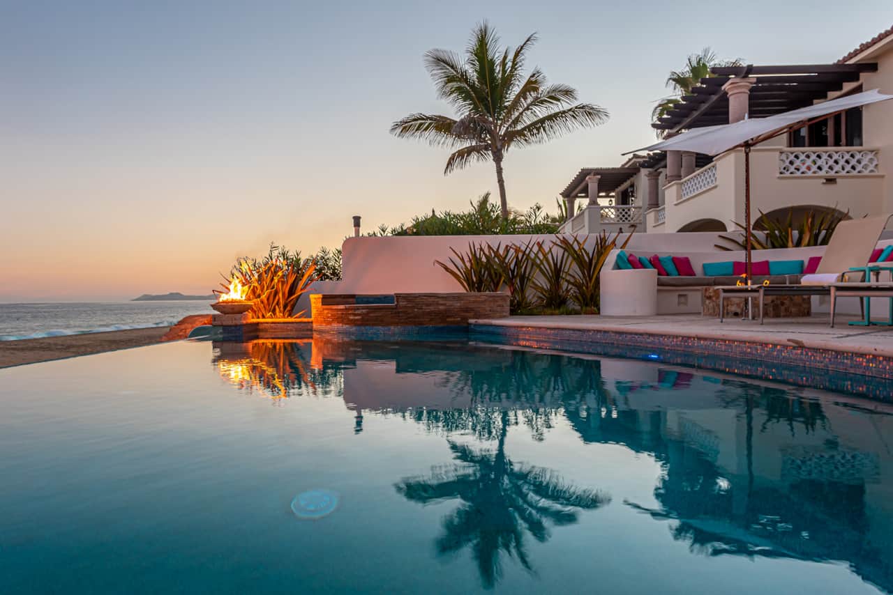 Pool area at sunset
