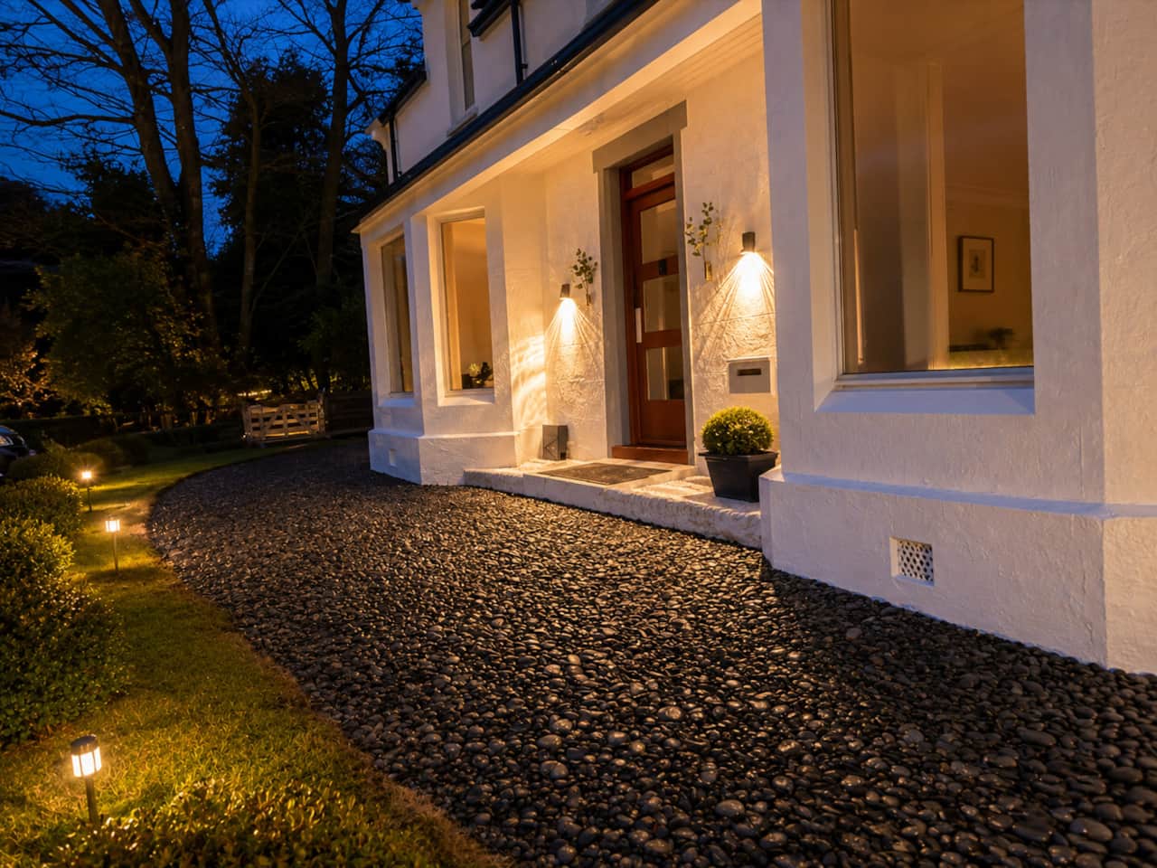 Evening in the garden, with low path lights along the lawn.