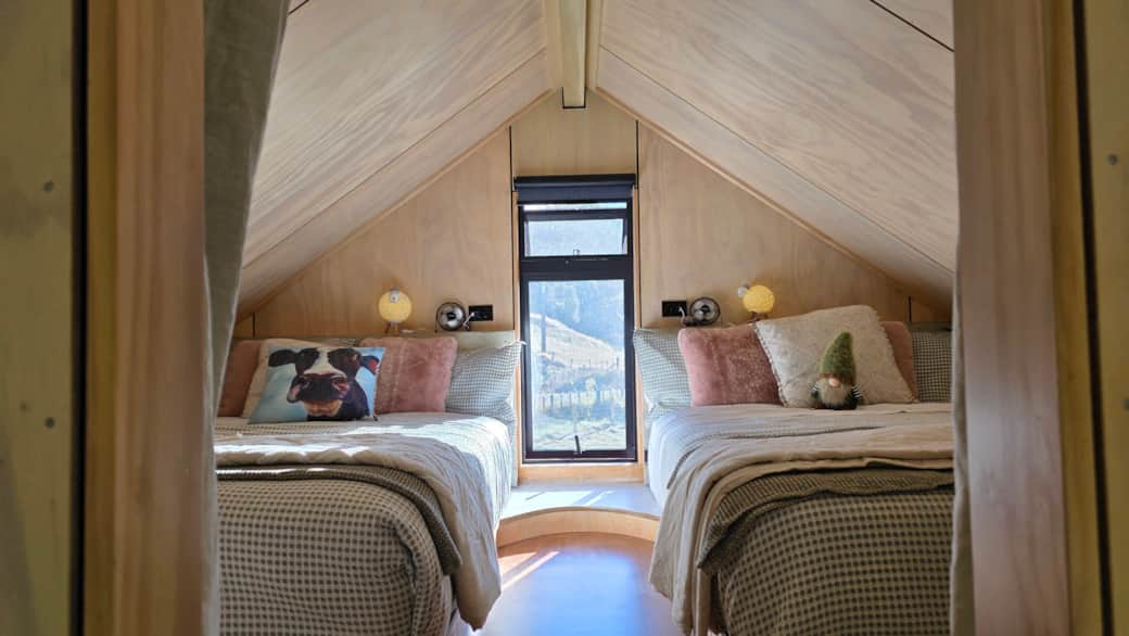 Family loft with double beds at Cascade Cabin Ripples Retreat Piopio NZ Family loft with double beds at Cascade Cabin Ripples Retreat Piopio NZ