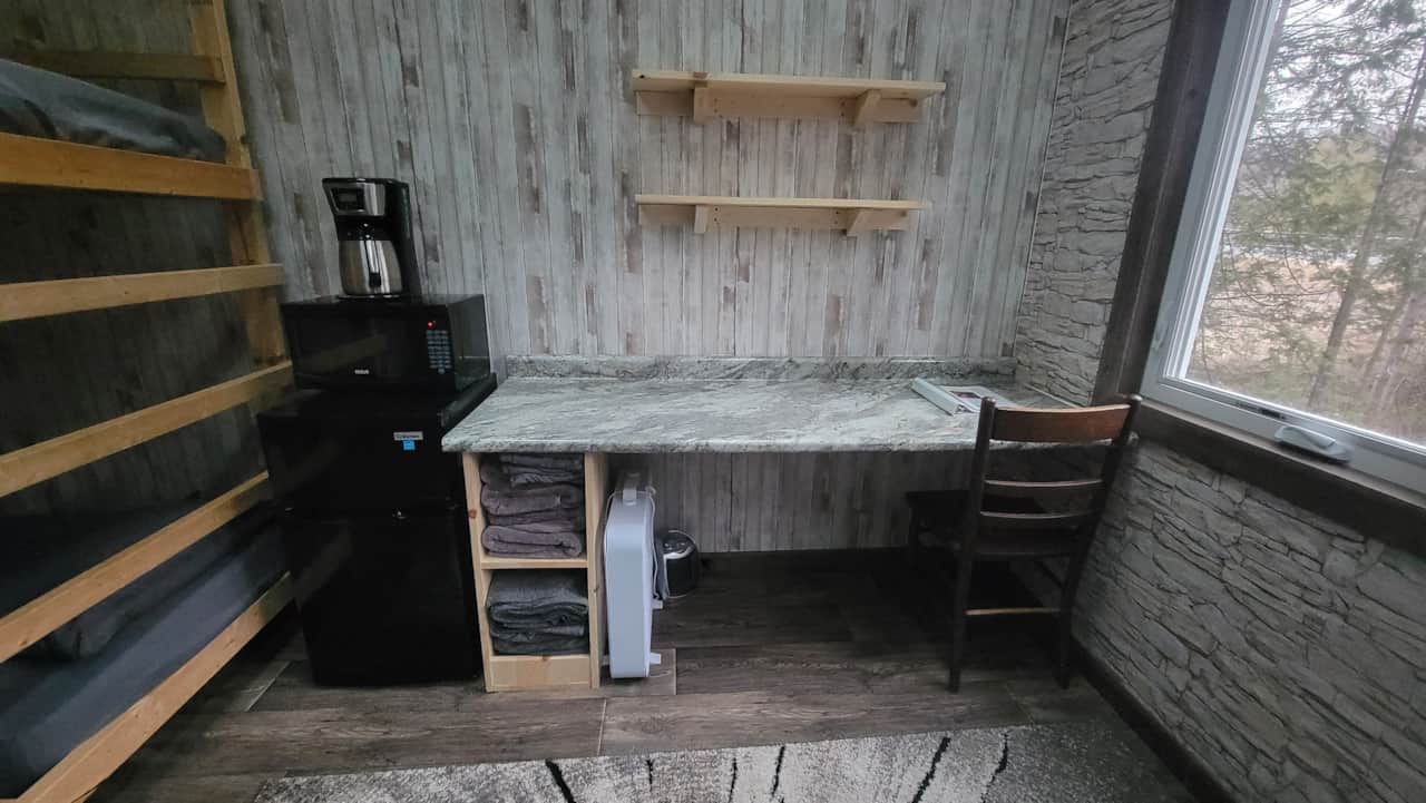Cabin #2 counter, mini ridge with freezer, microwave, 12 cup coffee maker