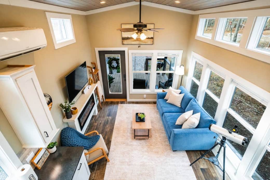 Relax fireside surrounded by peaceful forest views. 