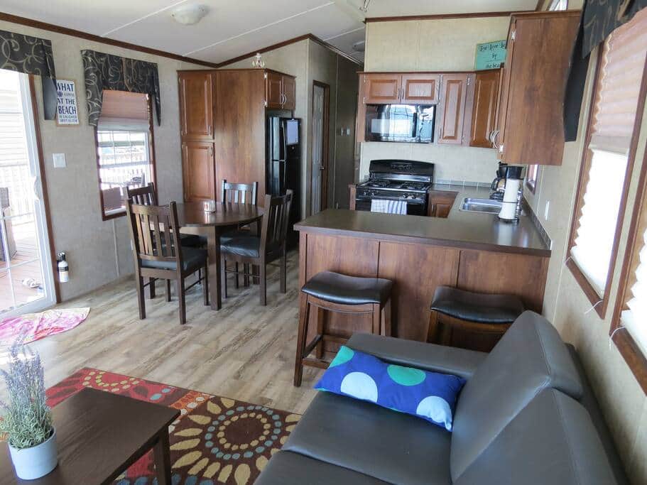 Open concept kitchen, dining, living