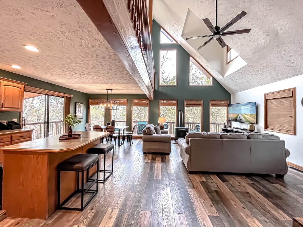 View of downstairs looking at lake 