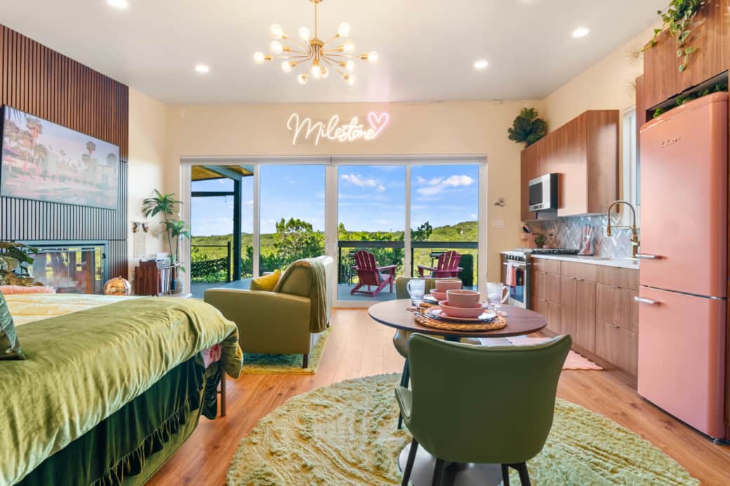 Bedroom, living space and kitchen