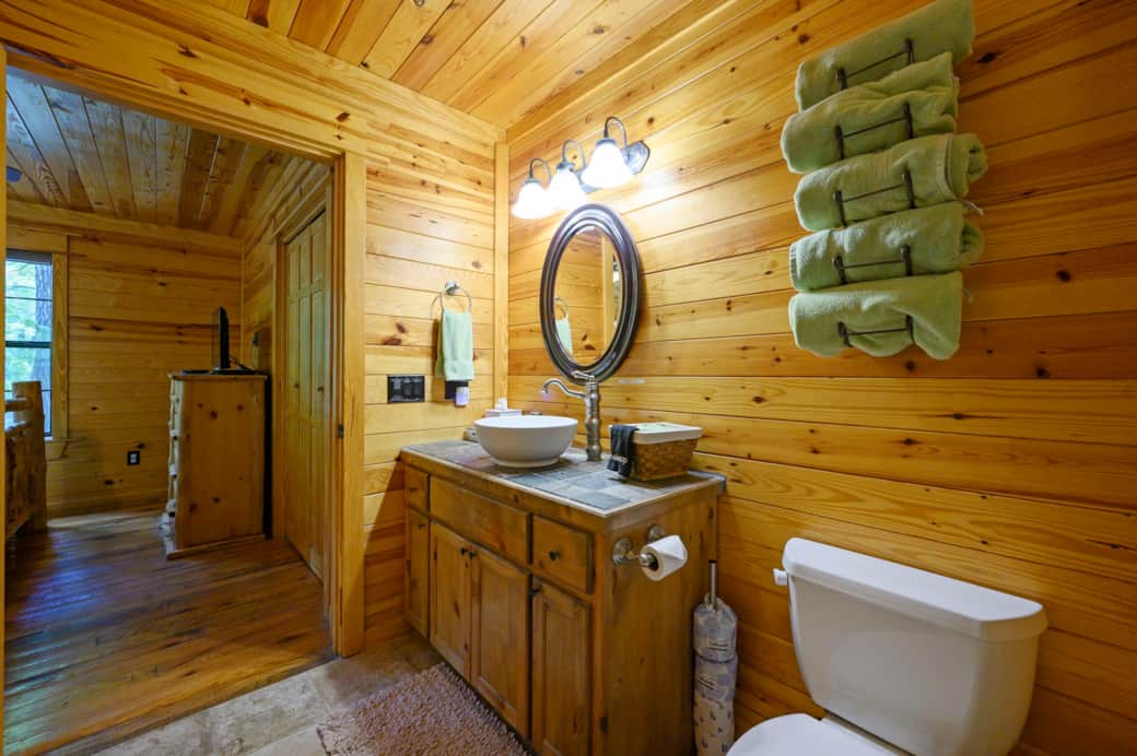 View of master bath showing towels
