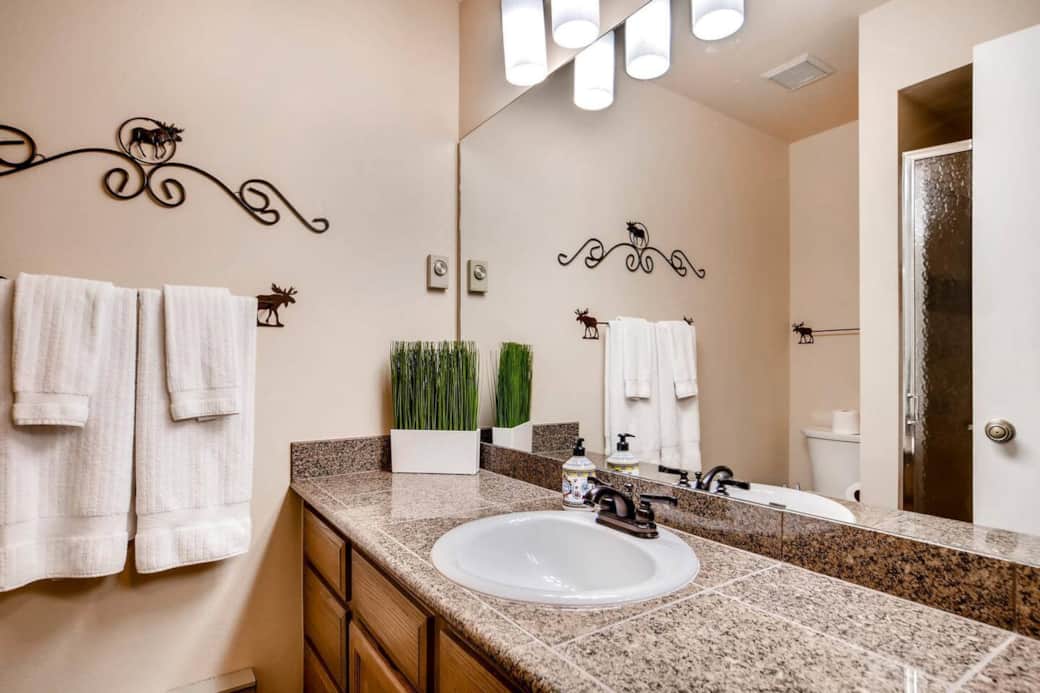 Downstairs bathroom, shower reflection is on right side of mirror