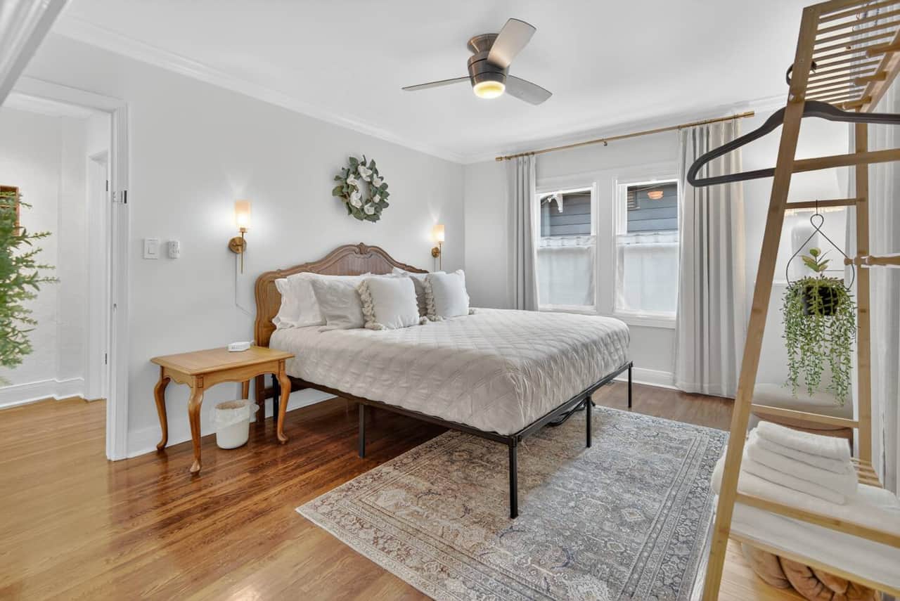 Cozy King bed complete with charging stations on both sides. Fully encased mattress.