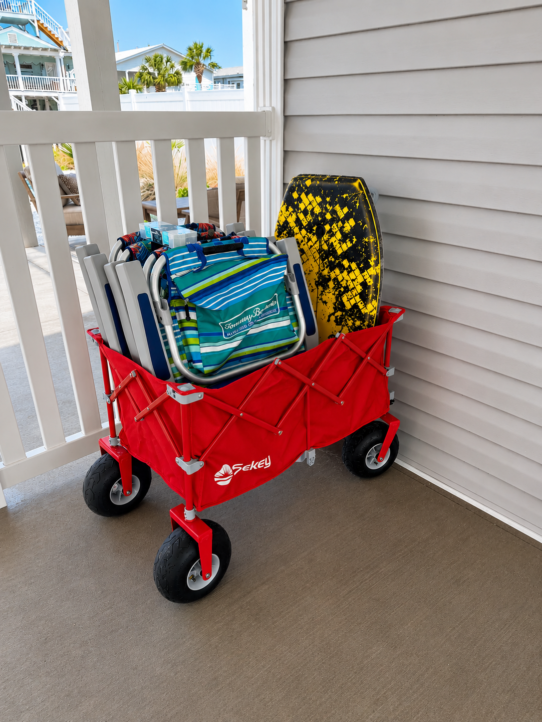 Beach wagon with chairs and boogie boards for guests
