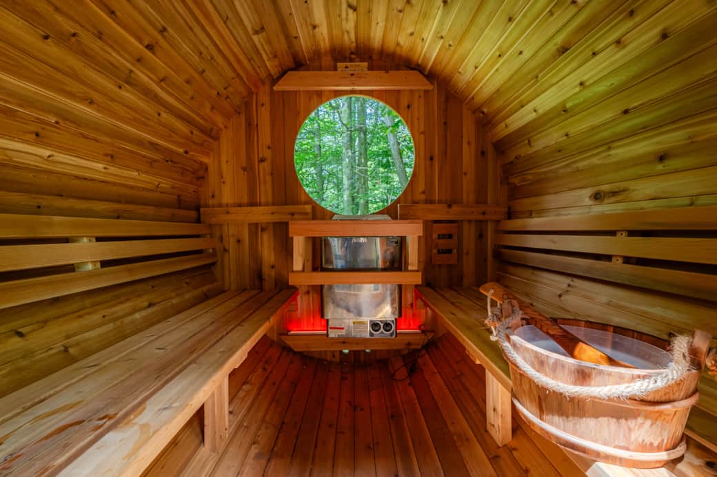 Almost Heaven barrel sauna on the deck seats up to 4 Almost Heaven barrel sauna on the deck seats up to 4