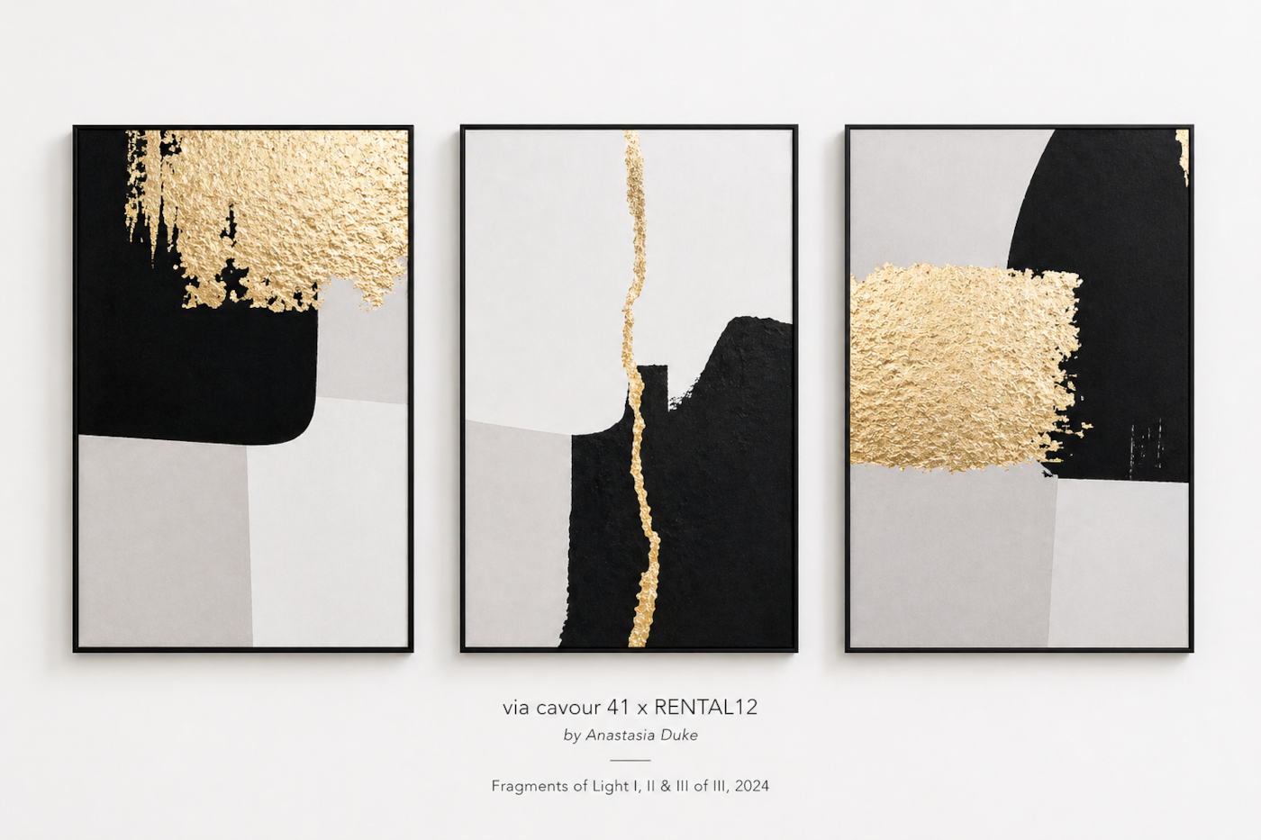 Fragments of Light Triptych by Anastasia Duke — three framed panels in gold, black, grey and white hung together on the long wall of Via Cavour 41 in Olbia, Sardinia
