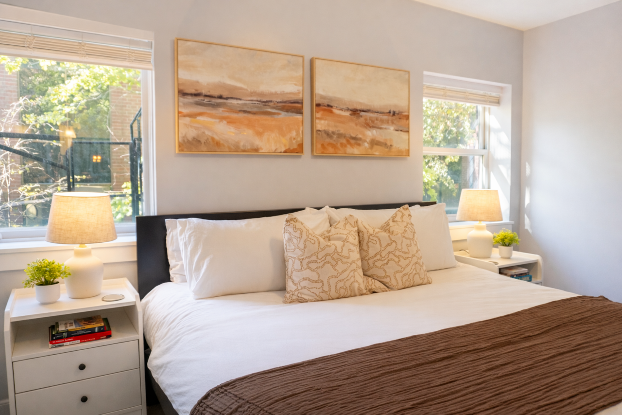 Wake up to beautiful natural light in this cozy bedroom