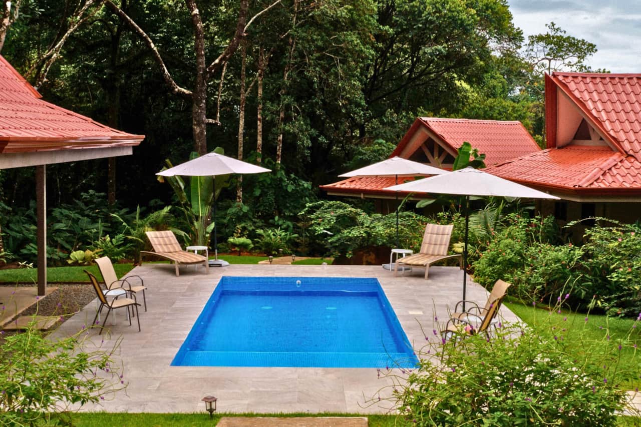 Pool area surrounded by beautiful greenery