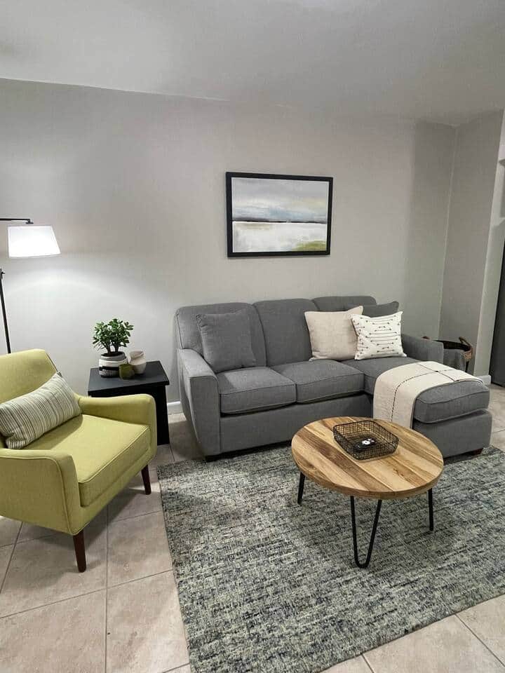 Comfortable sectional with queen sized pullout sofa bed. Linens and pillows are provided.