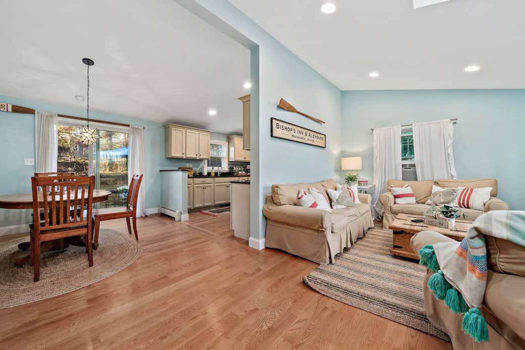 The open living room / dining room/ kitchen have a vaulted ceiling for a great open space 