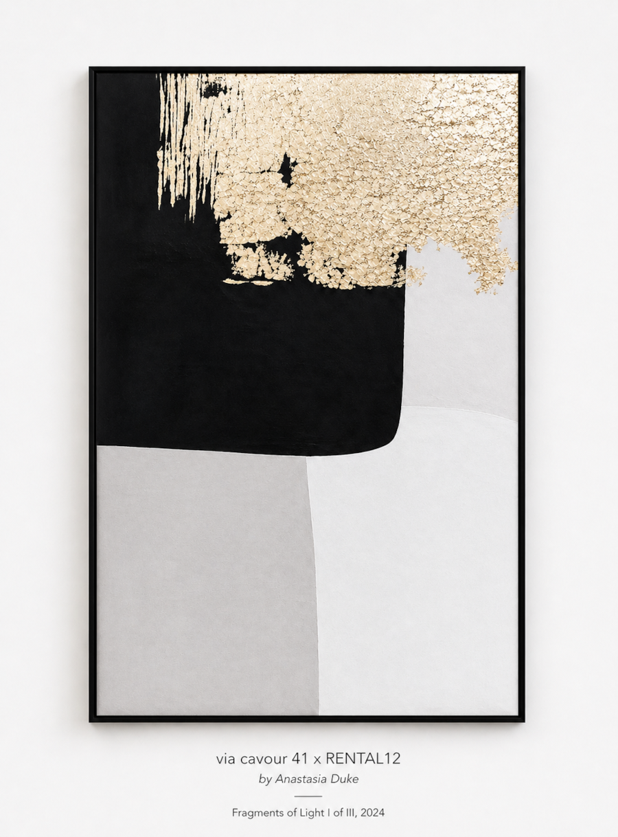 Fragments of Light Panel I — gold, black and white framed painting, individual panel I of the duo at Garibaldi Suites #4