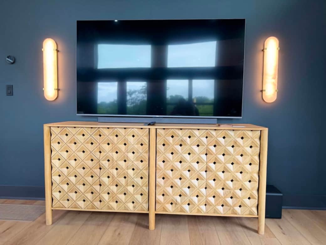75" Smart T.V. with Sound Bar, Board Games are inside this side board