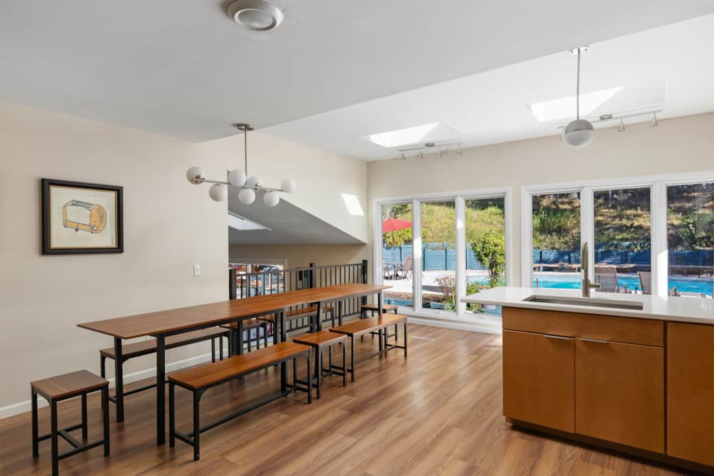 Kitchen view with pool