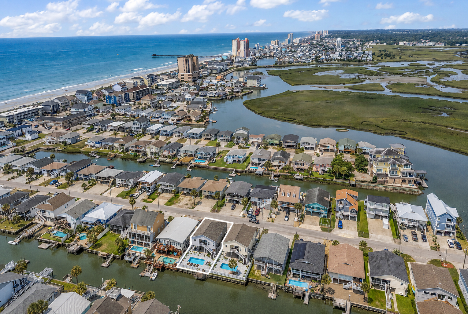 Cherry Grove marsh, beach, and waterfront neighborhood near Coastal Crown