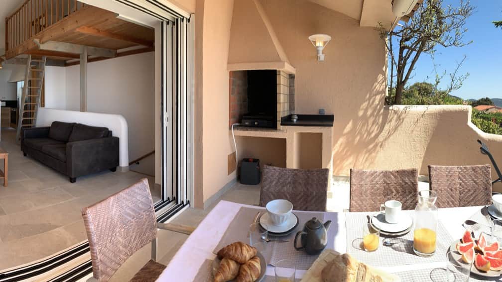 La terrasse et le salon.