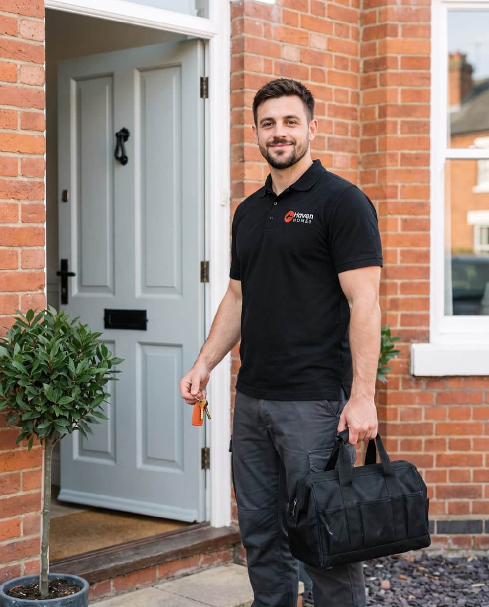 A Haven Homes team member arriving at a front door with a tool bag and keys