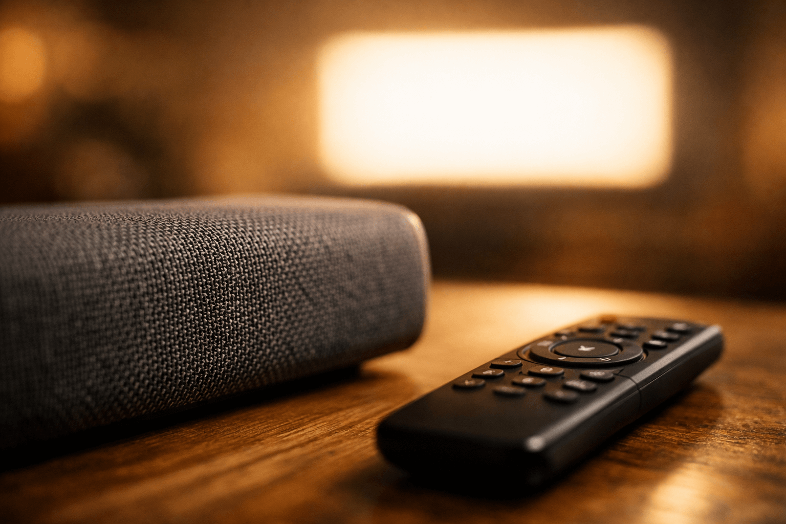 Remote control on a wooden table next to a soundbar, in the background a large smart TV